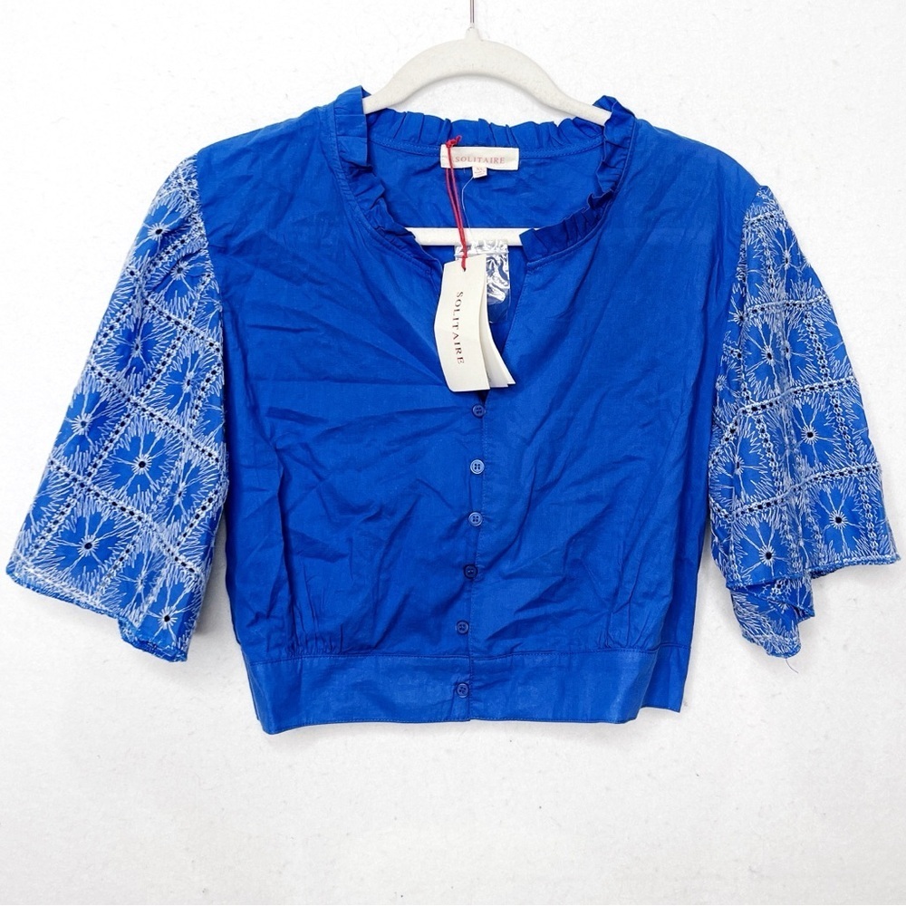 Solitaire Women’s Shirt Size XL Blue Ruched Embroidered Crop Top Boho Blouse
